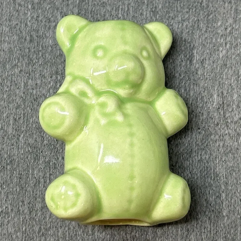 Vintage Lime Green Ceramic Teddy Bear Stitch Macrame Bead Crafting Supplies